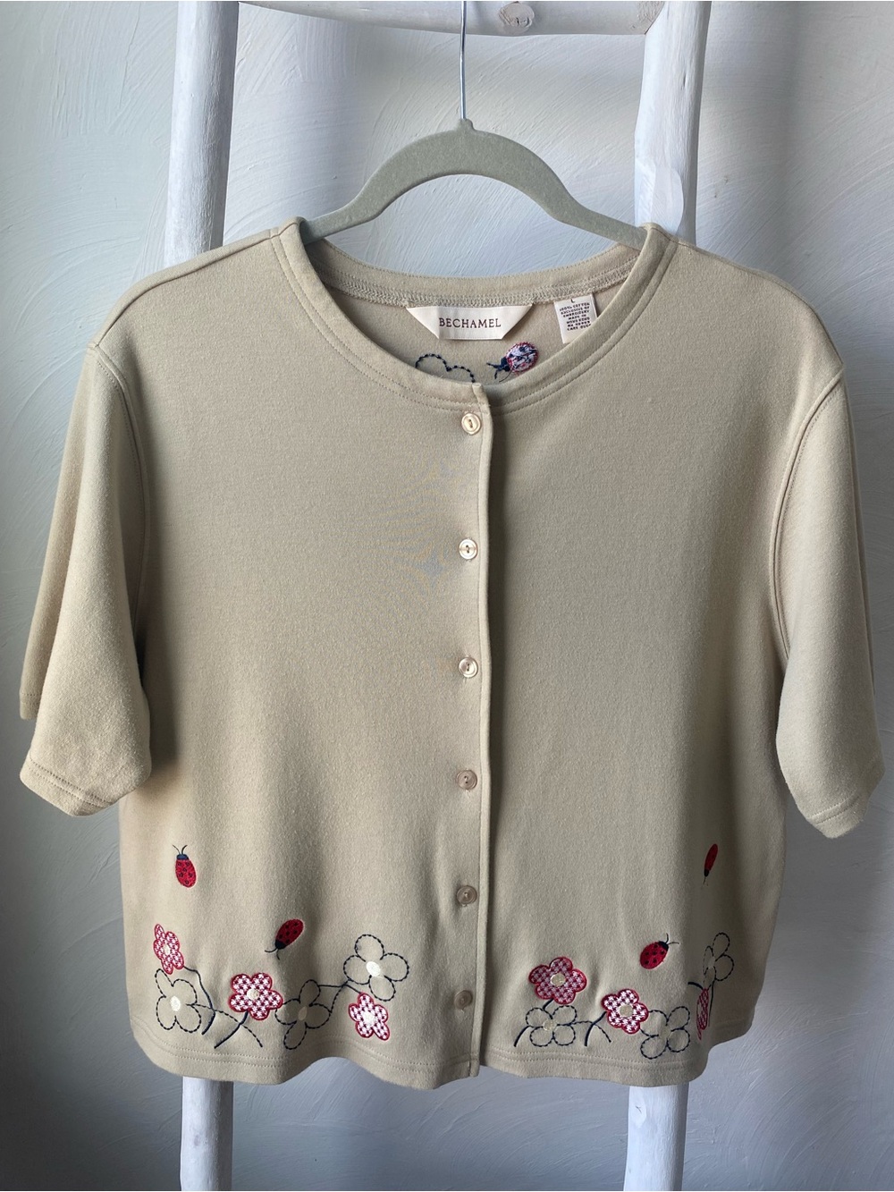 Bechamel Cream Short-Sleeve Button Cardigan with Floral & Ladybug Embroidery